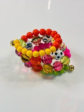 Colorful Beaded Wire Bracelet Stack - Yellow, Orange, Pink, Green & Gold EUC